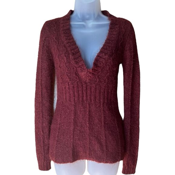 Arizona Wine Red V Neck Fitted Fuzzy Knit Sweater Sz S Y2K Goblincore Whimsigoth - Picture 12 of 14
